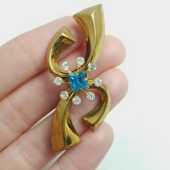 Vintage Retro Gold Tone Blue Rhinestone Brooch, 40s Style Design, Funky Retro - Picture 2 of 6